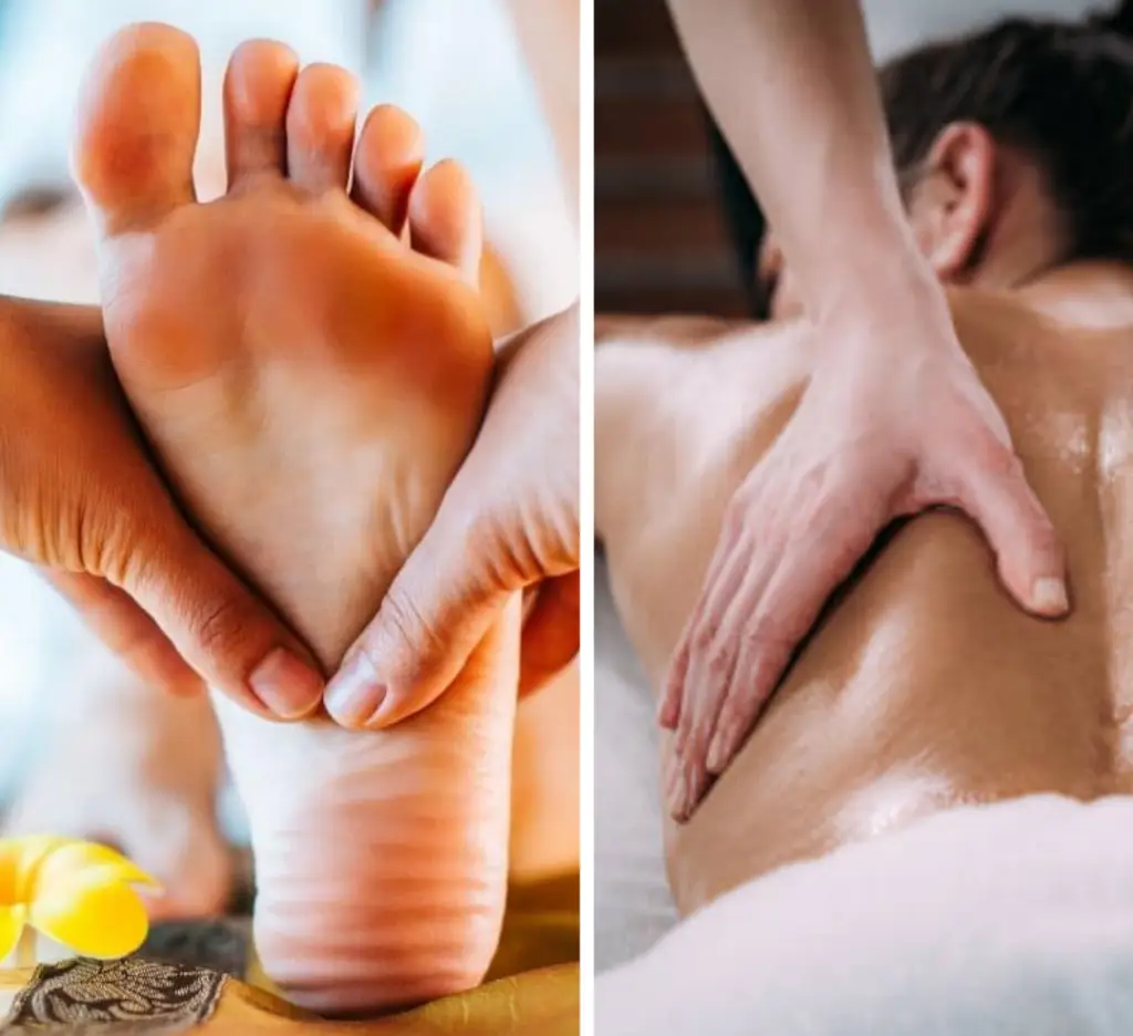 "Split image featuring a foot massage and a back massage. On the left, hands grasp a foot focusing on the arch. On the right, hands apply pressure to a woman's oiled back, highlighting therapeutic massage techniques."